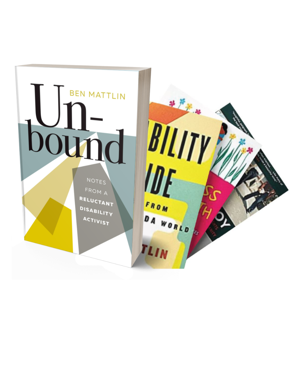 Picture of my three books arrayed fan-style. On top is DISABILITY PRIDE.